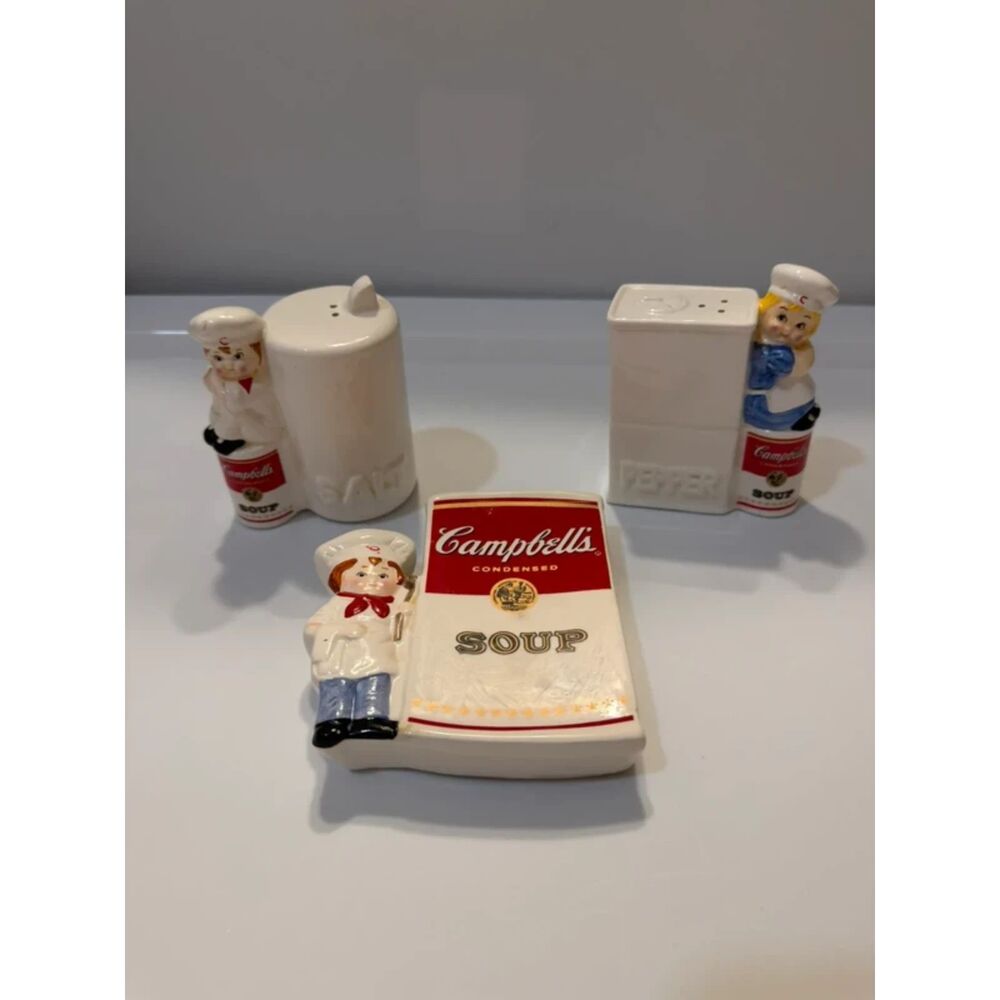 Vintage 90s Campbell’s Soup ceramic salt & pepper shakers and napkin holder set